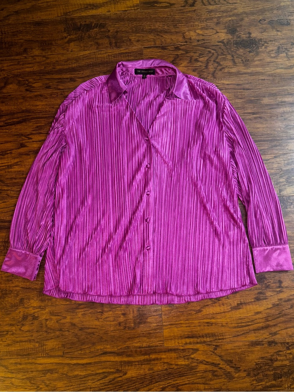 The Vintage Shop Pleated Button-Down Shirt Hot Pink Fuchsia Silky Satin Blouse
